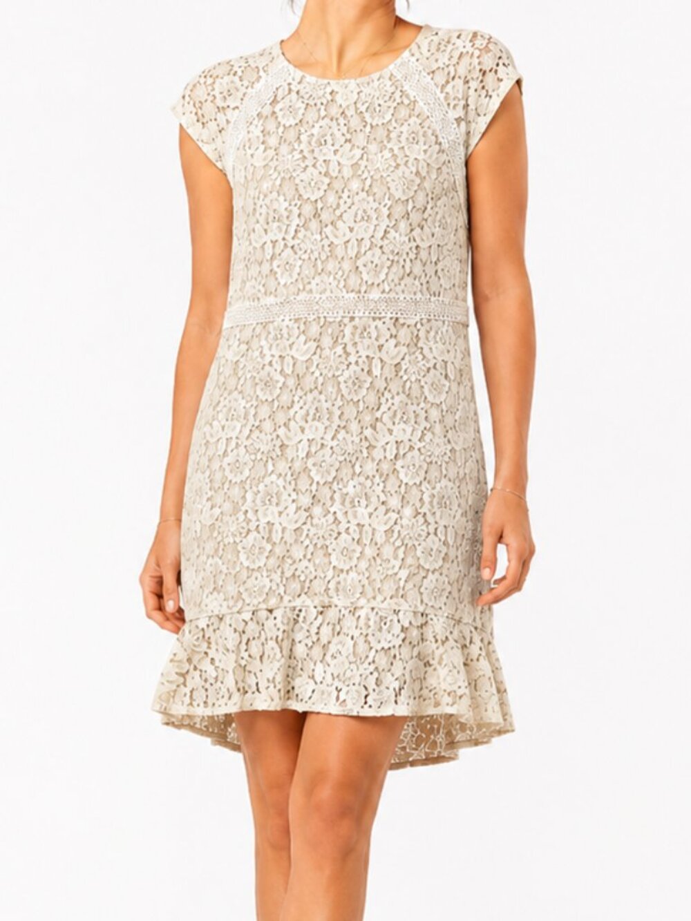 Suzanne Betro Cream Lace Dress Women L Boho Floral Lace Shift Ruffle Hem NWT